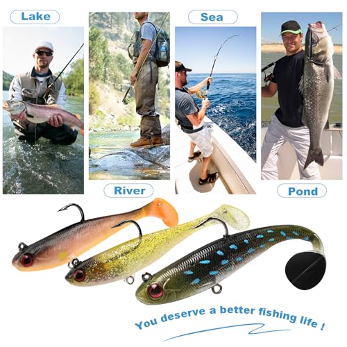 5 Pcs Pre-Rigged Soft Fishing Lures, 3.5In Paddle Tail Jig Heads Swim Bait, Realistic Movement Easy Catch Fishing jigs Lure, Fishing Baits for Freshwater Saltwater Bass Trout Baits