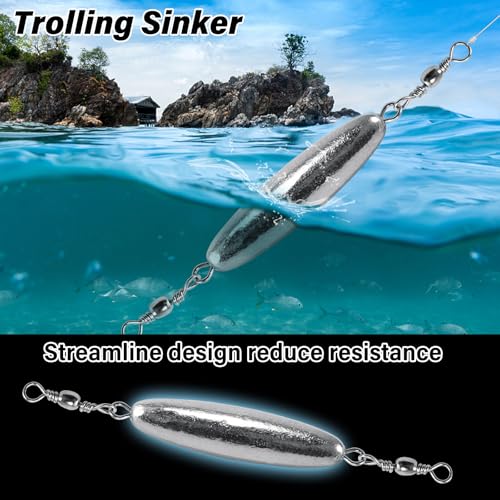 Dr.Fish 10 Pack in-line Trolling Sinkers with Double Swivel Torpedo Weight Lead Fishing Sinkers Double Ring Saltwater Freshwater Salmon Walleye Trolling - size: 1/2oz- 10 Pack
