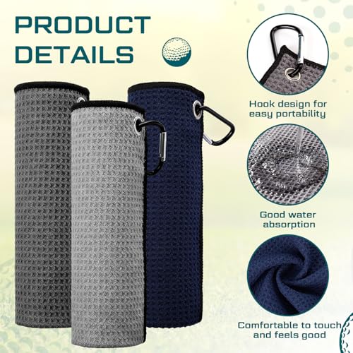 Batiyeer 12 Pcs Golf Towel Bulk for Golf Bags Microfiber Fabric Towel with Clip Waffle Pattern, Fitness, Camping, Hiking, Yoga - color: Navy Blue, Dark Gray, Light Gray