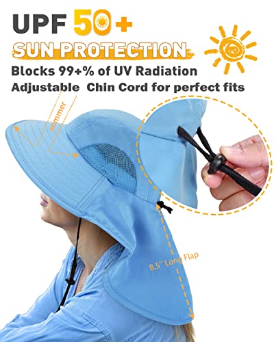 Tirrinia Wide Brim Sun Hat with Neck Flap for Men & Women, Breathable Hiking Fishing Safari Hat, Outdoor UV Protection Cap - color: #Blue