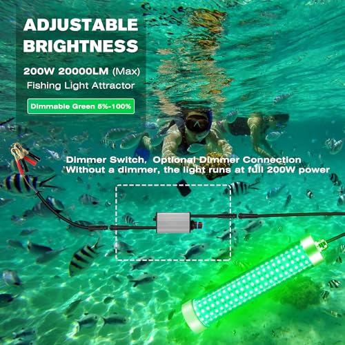 F3 Dimmable Green Underwater Fishing Light 110V&12V / 200W 20000LM Fish Light Attractants for Crappie Squid Shrimp Snook Bass at Night, with 5%~100% Brightness Dimmer(33FT Cable) - size: 33FT F3