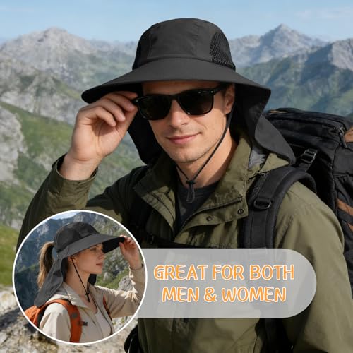 Sun Hat for Men Women with Neck Flap,UPF 50+ UV Protective Hiking Fishing Hats,Wide Brim Sun Hat for Women&Men - color: 1pack-black