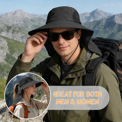 Sun Hat for Men Women with Neck Flap,UPF 50+ UV Protective Hiking Fishing Hats,Wide Brim Sun Hat for Women&Men - color: 1pack-black