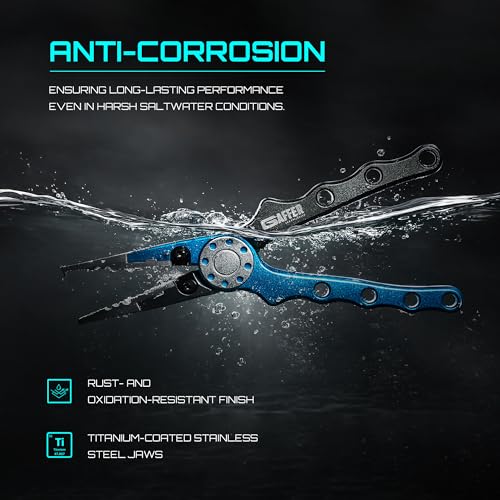 Gaffer Sportfishing Aluminum Fishing Pliers - Stainless Steel Titanium-Coated Jaws, Braided Line Cutters & Split Ring Tip - Non-Slip Grip, Nylon Sheath & Lanyard for Saltwater or Freshwater Use