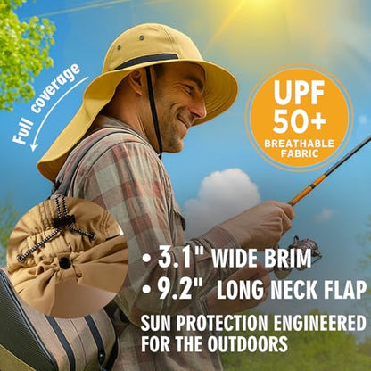 Oversized XL XXL Mens Sun Hat Big Head Neck Flap Shade Waterproof UPF50+ Wide Brim Hat Fishing Safari Hiking - color: Khaki, size: Medium-Large