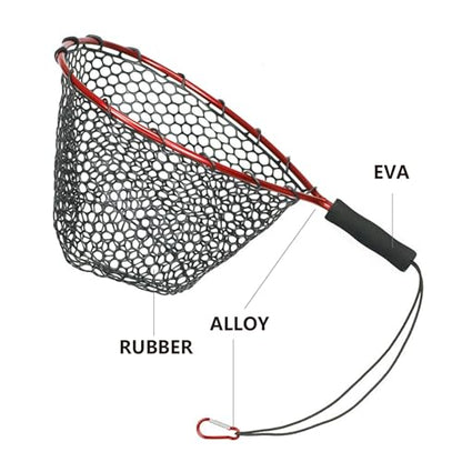 Short Handle Rubber Fishing Landing Net, 19.7" Lightweight Aluminum Frame, Portable EVA Foam Handle Trout Net for Kayak Stream Catch and Release, Hook-Friendly Rubber Netting Landing Net - color: Red