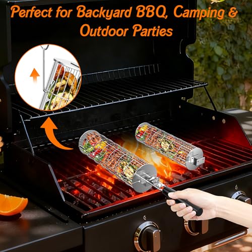 Rolling Grill Baskets for Outdoor Grill, 2PCS BBQ Grilling Basket with Removable Wooden Handle, Stainless Steel Camping Cooking Grill Accessories for Meat Fish Vegetable Seafood, Gifts for Men Dad Husband