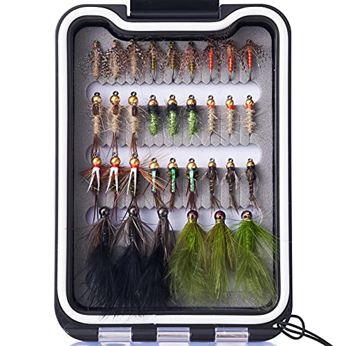 BASSDASH Fly Fishing Flies Kit Fly Assortment Trout Bass Fishing with Fly Box with Dry/Wet Flies, Nymphs, Streamers, Popper - style: 33pcs Barbed and Barbless Trout Flies