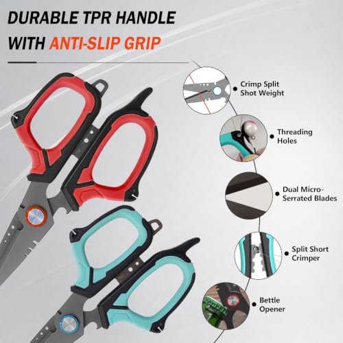 Eupheng 6.5" Pro Multifunction Fishing Scissors for Braided Line Mono Fluorocarbon wire lines,Dual Serrated Titanium Blades Non-Slip Grip Fishing Shears Enlarged Finger Holes with Bottle Opener - style: 6.5in Red Scissors