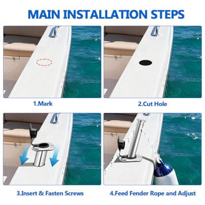 304 Stainless Steel Boat Fender Holder, Adjustable Flush Mount Rod Holder Insert for Fender Lines, 15° Marine Fender Cleat for Pontoon, Yacht, Docking