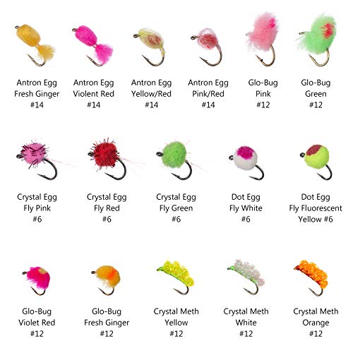 BASSDASH Fly Fishing Flies Kit Fly Assortment Trout Bass Fishing with Fly Box with Dry/Wet Flies, Nymphs, Streamers, Popper - style: 57pcs Barbed Steelhead/Salmon/Trout Flies