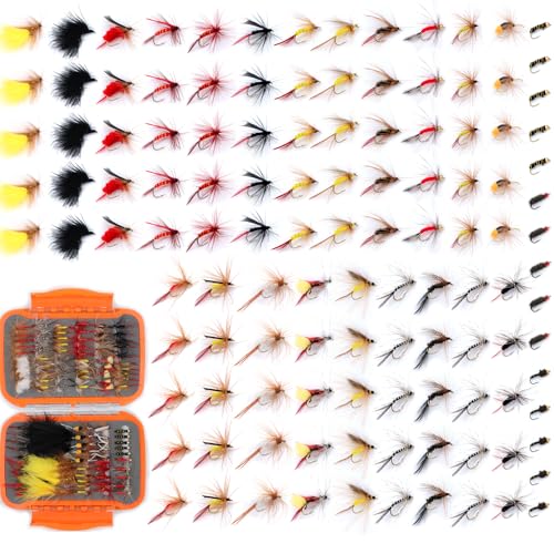 EXAURAFELIS Flying Flies kit Fishing Gear Fishing Lure 64/100/120PCS Dry Wet Flies Tackle Box Fly FishingLures for Bass Salmon Trout Freshwater Walleye Steelhead Bonefish Tarpon Saltwater - color: 120 pcs