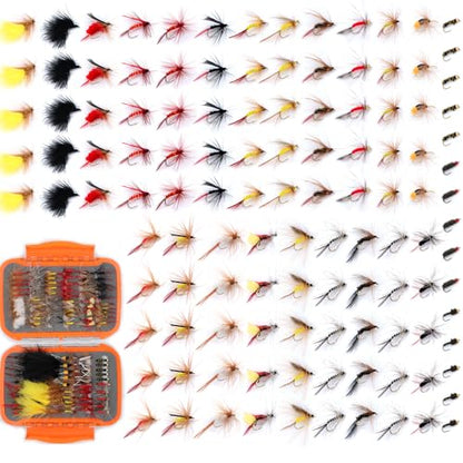 EXAURAFELIS Flying Flies kit Fishing Gear Fishing Lure 64/100/120PCS Dry Wet Flies Tackle Box Fly FishingLures for Bass Salmon Trout Freshwater Walleye Steelhead Bonefish Tarpon Saltwater - color: 120 pcs