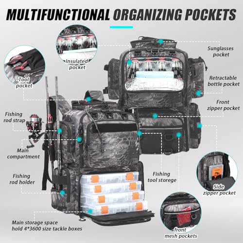 Tactical Fishing Backpack with Tackle Boxes, Rod Holders & Bottle Holder, 50 L Large Tackle Box Backpack with Cooler, Fishing Tackle Bag Store Gear & Equipment, 900 D Oxford, Camouflage Black - color: Gray CM