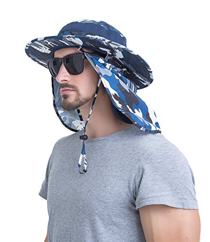 YR.Lover Outdoor UV Sun Protection Wide Brim Fishing Cap with Removable Flap - color: Blue Camouflage