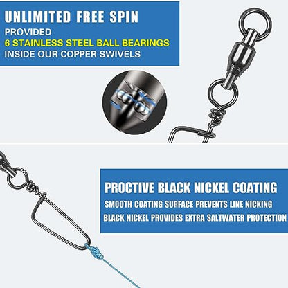 AGOOL Ball Bearing Fishing Swivel with Coastlock Snap Kit - 60pcs Stainless Steel Welded Ring Barrel Swivels Fish Line Connector Saltwater Fishing High Strength 8 to 440Lb Copper with Nickle Coated