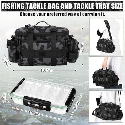 Fishing Tackle Bag with 3 Pcs 3600 Tackle Trays Expandable Soft Fishing Bag Waterproof Camouflage Gear Backpack Padded Shoulder Strap Angler Gear Storage Gifts for Fishermen(Gray) - color: Gray