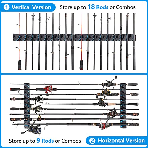 PLUSINNO 2 pack Vertical Fishing Rod rack, Wall Mounted Fishing Rod holder, 2 Packs Fishing Pole Holders Hold Up to 18 Rods or Combos, Fishing rod holders for garage, Fishing Gear and Gifts for Men - style: Blue 2-pack (store 18 combos)
