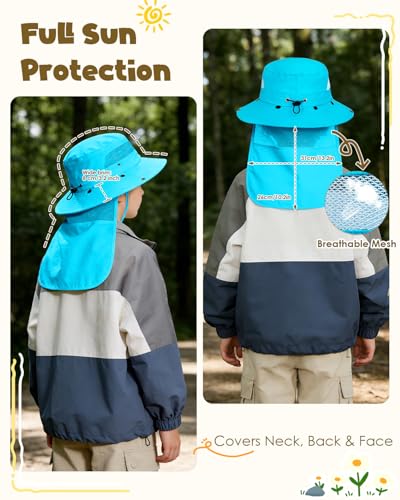 Century Star Kids Sun Hat with Detachable Neck Flap,UPF 50+ Windproof Waterproof Beach Bucket Hat Outdoor Fishing Safari - color: Sky Blue