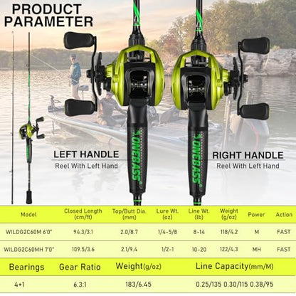 One Bass Fishing Rod Reel Combos, Spinning & Casting Combo, Graphite 2Pc Blanks, Stainless-Steel Guides, Super Polymer Handle - color: Casting Combo-Left Handed, size: 6'0"