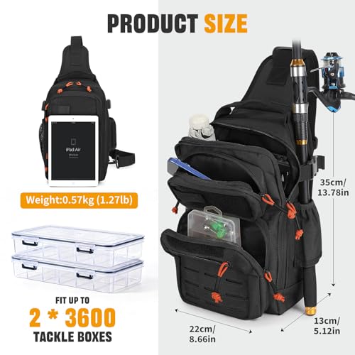 HUNTVP Fishing Sling Bag Lightweight Tackle Bag Small Fishing Backpack Tactical Shoulder Sling Bags with Rod Holder, Storage Gear and Equipment, Gifts for Men (Black) - color: Black