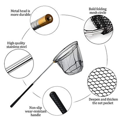 Fishing Landing Net with Aluminum Telescoping Pole 75" Long Handle,Rubber Coated Nylon Mesh,for Steelhead,Salmon,Fly,Kayak,Catfish,Bass,Trout,Shrimp,Crab,for Easy Catch & Release,Extend to 75 Inch