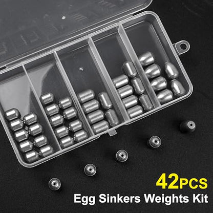 Fishing Weights Egg Sinkers Kit,42pcs Lead Free Fishing Weights Slip Sinkers for Fishing Lines Steel Barrel Weights for Freshwater Saltwater Bass Trout Walleye Fishing