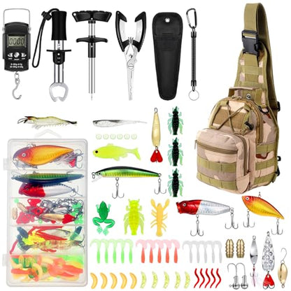 Sosation 134 Pcs Fishing Tool Fishing Tackle Box Kit and Equipment for Adults Beginner Gift, Hook Remover, Pliers Kit, Backpack Tackle Container Lures, Lip Gripper, Weigh Scale - color: Desert Camouflage