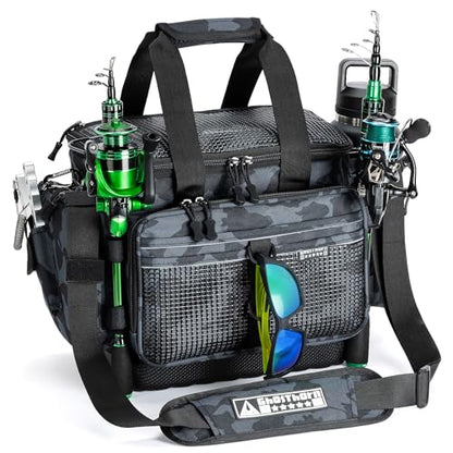 Ghosthorn Fishing Tackle Bag with Rod Holder Saltwater & Freshwater Resistant Tackle Box Bag - Waterproof Base, Adjustable Padded Shoulder Strap (Black Camouflage) - color: Black MiCai-Waterproof Bottom, size: Standard