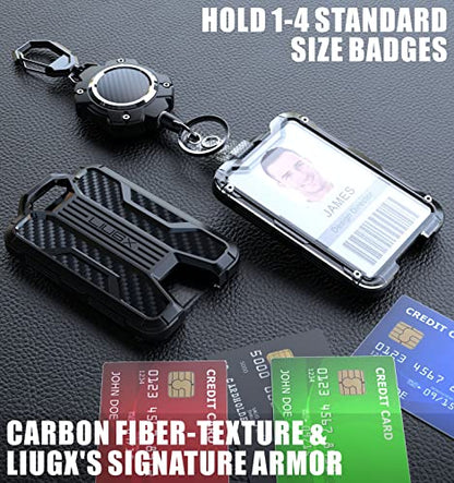 LIUGX Retractable Badge Holders, Heavy Duty Carabiner Keychain,Durable ID Card Holder (Holds 4 Cards), Carbon Fiber-Texture, with 31.5”Badge Reel Key Chain, 10,000+ Rebound, Silver-Black - color: Silver