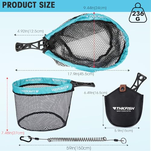 THKFISH Fly Fishing Landing Net, Foldable Landing Trout Net with ABS Handle,Rubber Coated Mesh Trout Net with Tackle Bag for Trout Bass Catch and Release, Portable Fly Fishing Gear,M/L - size: M-BIUE