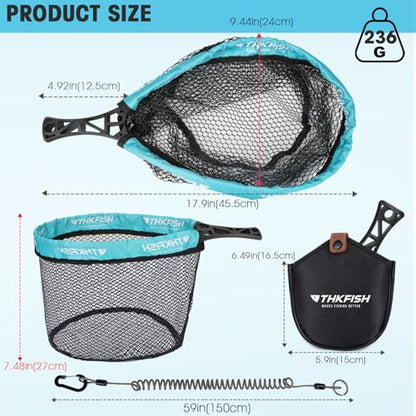 THKFISH Fly Fishing Landing Net, Foldable Landing Trout Net with ABS Handle,Rubber Coated Mesh Trout Net with Tackle Bag for Trout Bass Catch and Release, Portable Fly Fishing Gear,M/L - size: M-BIUE
