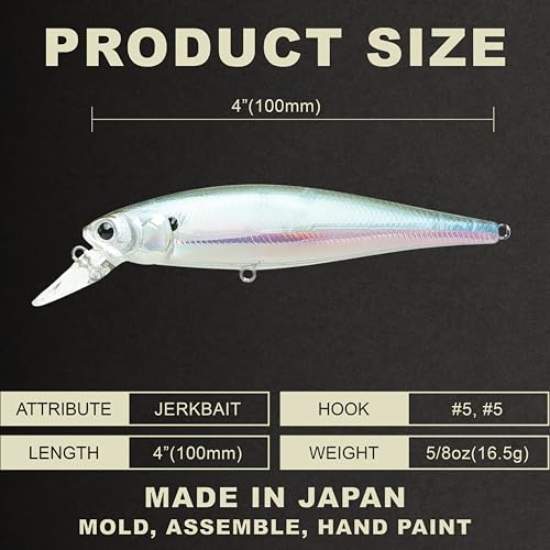 LUCKY CRAFT Pointer 100SP, Jerkbait Side by Side Action Tournament Winning Perfect Wobbling Freshwater Lake Bass Fishing Champion Bait - color: 410 MH Ghost Minnow