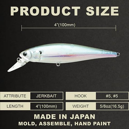 LUCKY CRAFT Pointer 100SP, Jerkbait Side by Side Action Tournament Winning Perfect Wobbling Freshwater Lake Bass Fishing Champion Bait - color: 410 MH Ghost Minnow