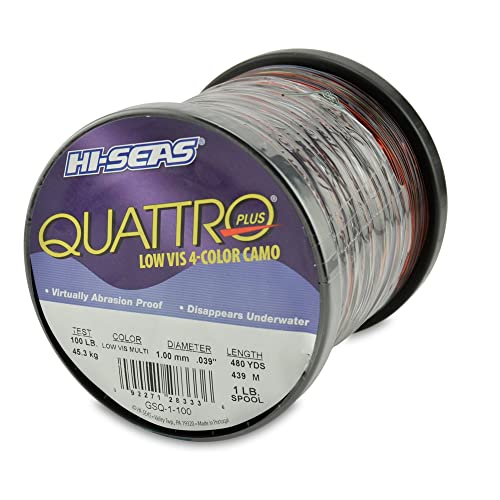HI-SEAS Quattro Monofilament Fishing Line - Low-vis 4 Color Camo, Strong & Durable Performance Saltwater Main Line - style: 100 Lb Test, 1.00 Mm Dia, 480 Yd