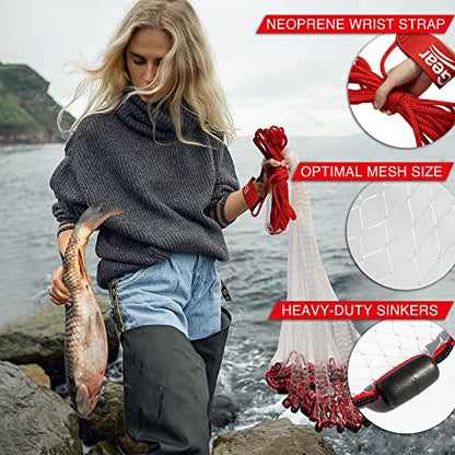 BasicGear Cast Net | 3ft-12ft Radius, 3/8 or 1/4 inch Mesh for Freshwater and Saltwater Bait Fish| Professional Grade and Upgraded Material | Throw Style - size: 6ft Radius, style: Protected Weights, 3/8" Mesh