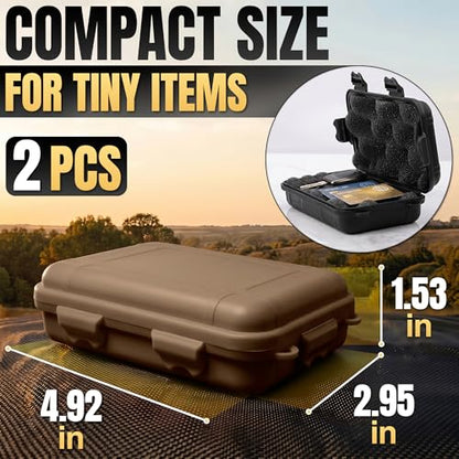2 Pcs Small Waterproof Box Set, 4.92x2.95x1.53", (Black & Khaki) | Geocache Containers; Durable Plastic Shell, Foam Insert, Tether Loops; for Hiking, Travel, Camping, and Fishing Gear