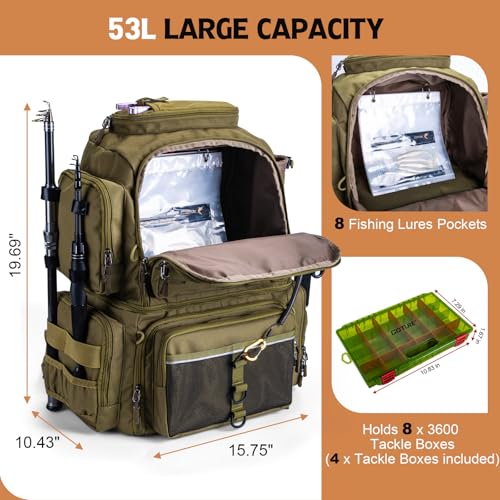 Goture Fishing Backpack with 4 Tackle Boxes, 53L 600D Water-Resistant Tackle Backpack with Cooler,Rod Holders, 8 Lure Pockets, Rain Cover, Large Fishing Bag Storage Gear Tackle Bag for Camping Hiking - color: C3:53L Insulated Khaki(With 4 3600 Tackle Boxe