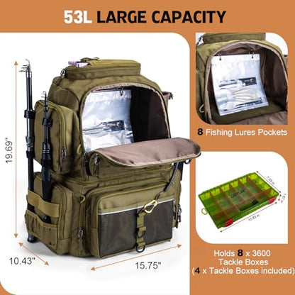 Goture Fishing Backpack with 4 Tackle Boxes, 53L 600D Water-Resistant Tackle Backpack with Cooler,Rod Holders, 8 Lure Pockets, Rain Cover, Large Fishing Bag Storage Gear Tackle Bag for Camping Hiking - color: C3:53L Insulated Khaki(With 4 3600 Tackle Boxe