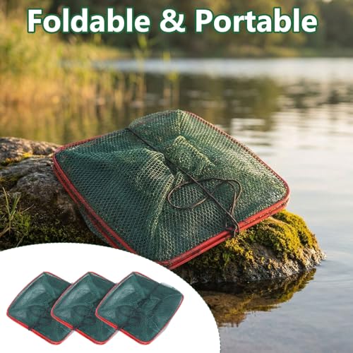 3 Pcs Collapsible Fishing Bait Trap, Fishing Net Square Portable Folded Minnow Trap for Bait Fish Shrimp Crab Net Crab Traps for Blue Crabs Crabbing Crawfish, 17.7 × 8.6 × 8.6in