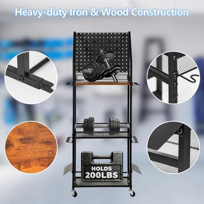 Fishing Rod Holder for Garage Organization, Fishing Rod Rack, Fishing Gear Storage up to 12 Rods with Pegboard & Hooks, Heavy Duty Fishing Cart with Wheels for Fishing Storage,Tackle Box