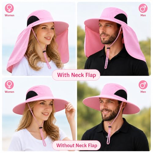 HUAMULAN Women Large Brim Sun Hat with Neck Flap, Men Quick Dry Hiking Fishing Safari Hat UPF 50+ - color: Yq005-pink