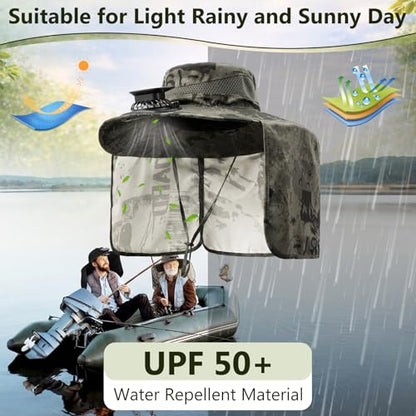 Maiteenly 2 Pcs Solar Fan Hat for Men with Neck Flap Bucket Fan Buit in Hats for Hiking Fishing Outdoor USB and Solar Powered - color: Black, Military Green
