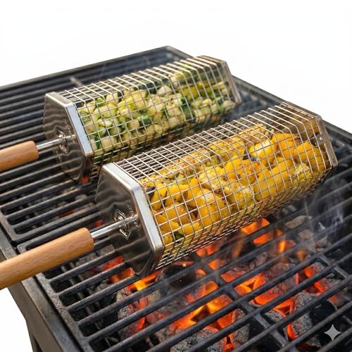 2 Pack Rolling Grill Basket – Stainless Steel Grilling Basket with Lid and Removable Wooden Handle – BBQ Accessories for Vegetables, Shrimp, Meat – Outdoor Cooking Gift for Dad or Husband – Otawe