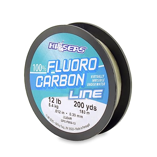 Hi-Seas 100% Fluorocarbon Fishing Line Clear - Strong & Tough Fishing Leader Line, Sinks Faster Than Monofilament Fishing Line. Available in 6lb, 8lb, 10lb, 12lb, 15lb, 20lb, 25lb Test - style: 12 Pound Test, 200 Yard