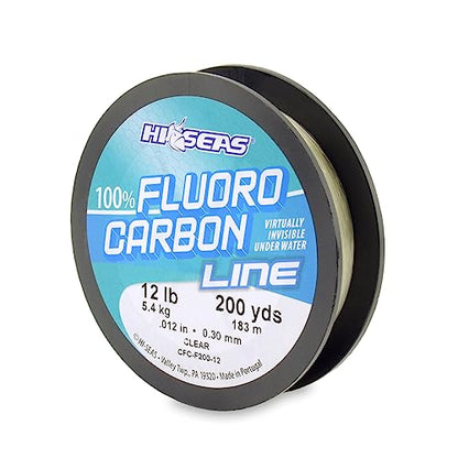 Hi-Seas 100% Fluorocarbon Fishing Line Clear - Strong & Tough Fishing Leader Line, Sinks Faster Than Monofilament Fishing Line. Available in 6lb, 8lb, 10lb, 12lb, 15lb, 20lb, 25lb Test - style: 12 Pound Test, 200 Yard