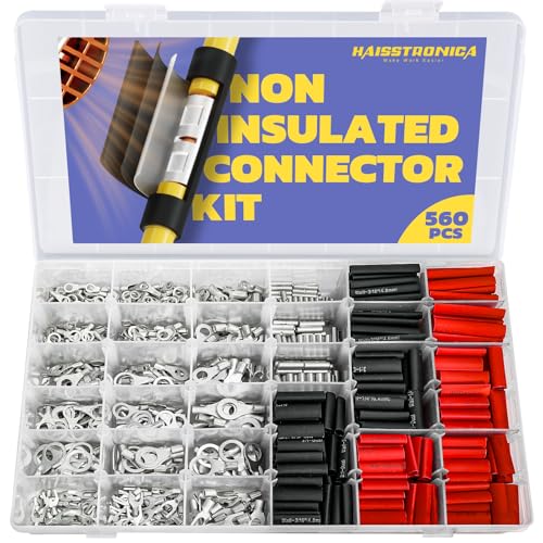haisstronica Non Insulated Wire Connectors Kit 560 PCS - AWG 22-10 Tinned Copper Electrical Crimp Terminals with 3:1 Heat Shrink Tubing for Automotive, Marine, Industrial Wiring