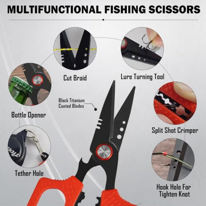 Eupheng Multifunction 4.7" Pro Fishing Scissors,Dual Serrated Blades Titanium-Coated Fishing Shears with Zinger Retractor Clip,Compatible with Braided Line,Mono and Fluorocarbon - style: 4.7in Red Scissors + Black Zinger