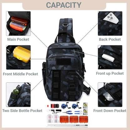 Fishing Sling Tackle Bag 5L - Fishing Tackle Storage Bags with Rod Holder for Angling Hiking Hunting Camping((BlackCamo) - color: Blackcamo