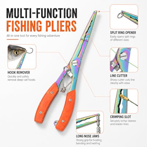 YINEE Fishing Pliers and Fish Lip Gripper Set, Stainless Steel Fishing Gear, Saltwater Hook Remover Split Ring Tool - color: Orange-Fishing Pliers&Fish Lip Grippe